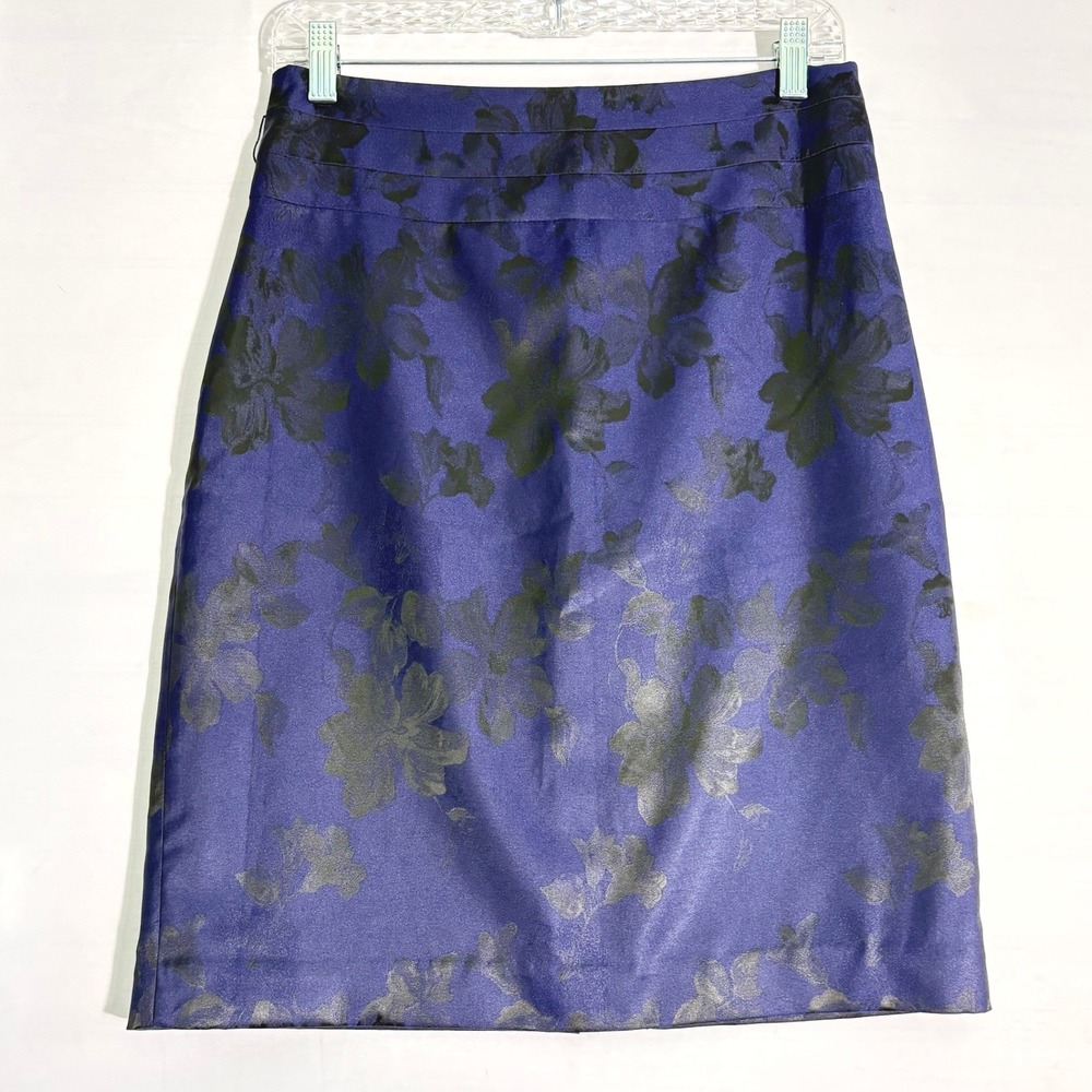 J.Crew Navy Blue Black Floral Jacquard Pencil Skirt Size‎ 8 Lined Knee Length